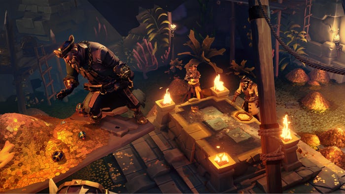 Pirates plunder treasure in Sea of Thieves.