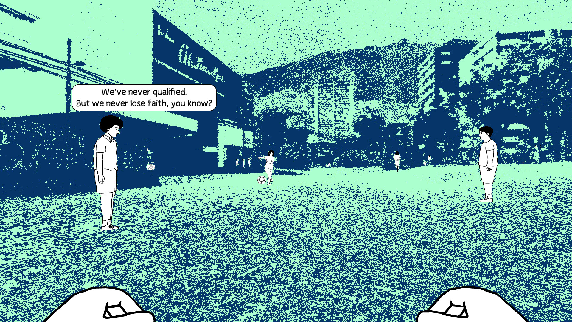 soccer players kick around and chat on a field