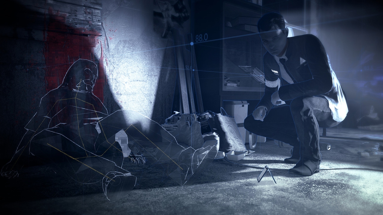 Detroit Become Human screen showing detective and crime scene Detroit Become Human screen showing detective and crime scene