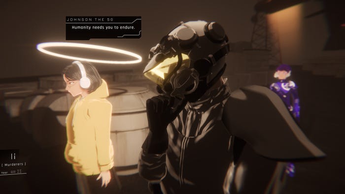 A character in a dark space suit speaks to a person wearing headphones with what appears to be a halo over their head
