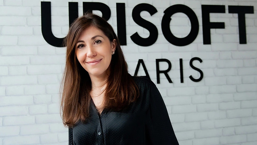 Marie-Sophie de Waubert pictured in front of the Ubisoft logo