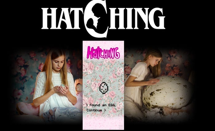 A screenshot of Hatching's itch.io page. Two images on the left and right show a young girl interacting with a weird egg.