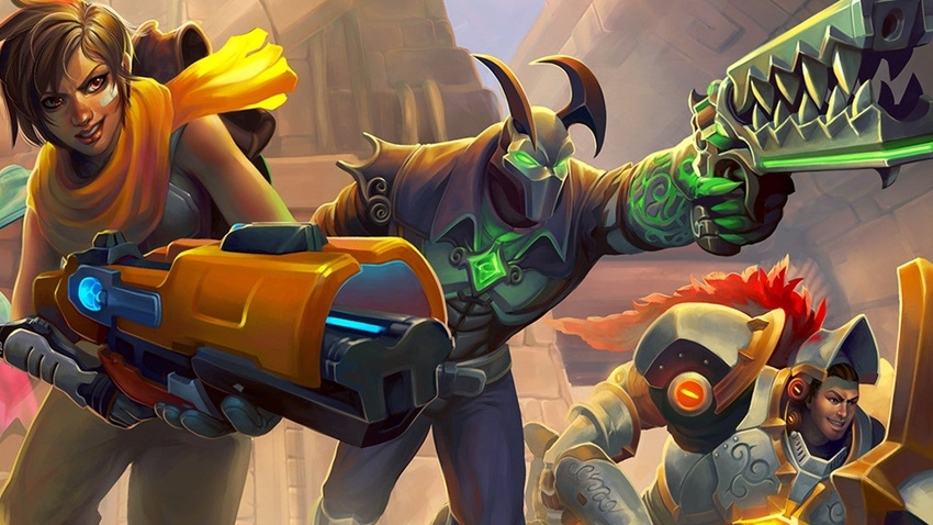 Key art for Hi-Rez Studios' Paladins featuring multiple playable characters going into battle.