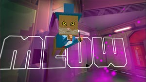 A cat in a top hat leaps toward the camera with the giant word "meow" behind them. A cat in a top hat leaps toward the camera with the giant word "meow" behind them.
