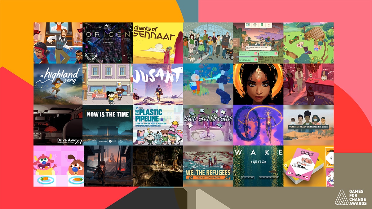 A collage of artwork spotlighting the 2024 Games for Change Awards finalists A collage of artwork spotlighting the 2024 Games for Change Awards finalists