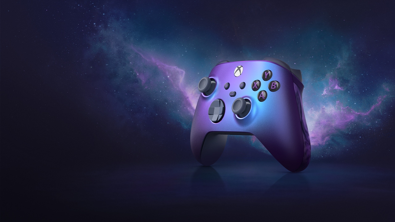 Screenshot of the purple-blue Xbox Stellar Shift controller. Screenshot of the purple-blue Xbox Stellar Shift controller.