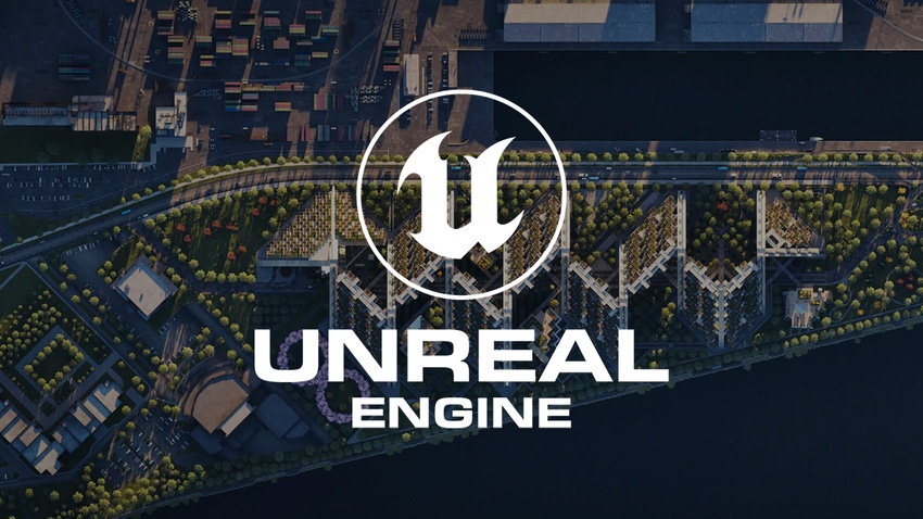 The Unreal Engine logo imposed on an image of a city rendered in-engine