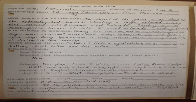 Check out the handwritten game design doc for Asteroids