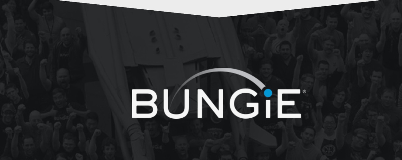 Bungie logo against a photo of workers at the studio Bungie logo against a photo of workers at the studio