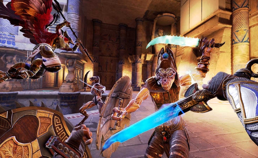 A promotional screenshot for Asgard's Wrath 2. A masked enemy raises a jade sword to attack a player in VR.
