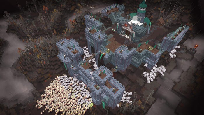 A screenshot from Cataclismo. Monsters swarm a fantasy castle.