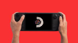 The Steam Deck OLED on a burnt orange background The Steam Deck OLED on a burnt orange background