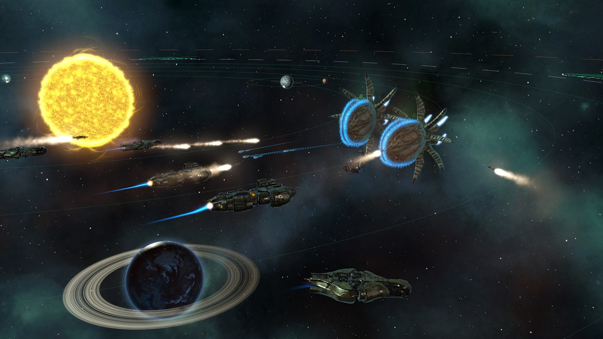 A screenshot from Stellaris showing players navigating around a star A screenshot from Stellaris showing players navigating around a star