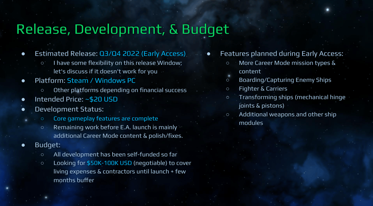 A screenshot from the Cosmoteer pitch deck outlining development and budget considerations A screenshot from the Cosmoteer pitch deck outlining development and budget considerations