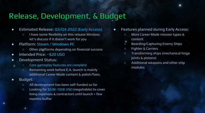 A screenshot from the Cosmoteer pitch deck outlining development and budget considerations