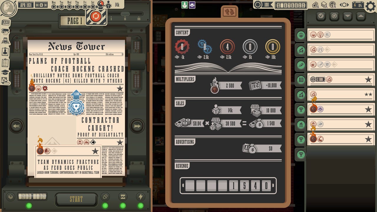 A gamified view of a printing press where players assemble stories into a newspaper edition. A gamified view of a printing press where players assemble stories into a newspaper edition.