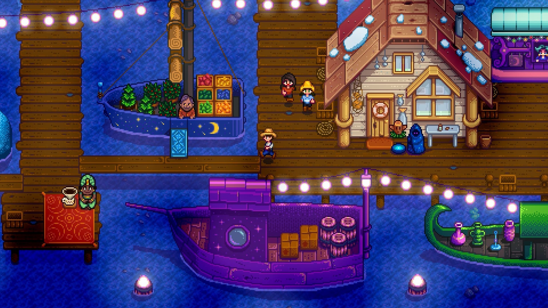 Stardew Valley boat dock with characters