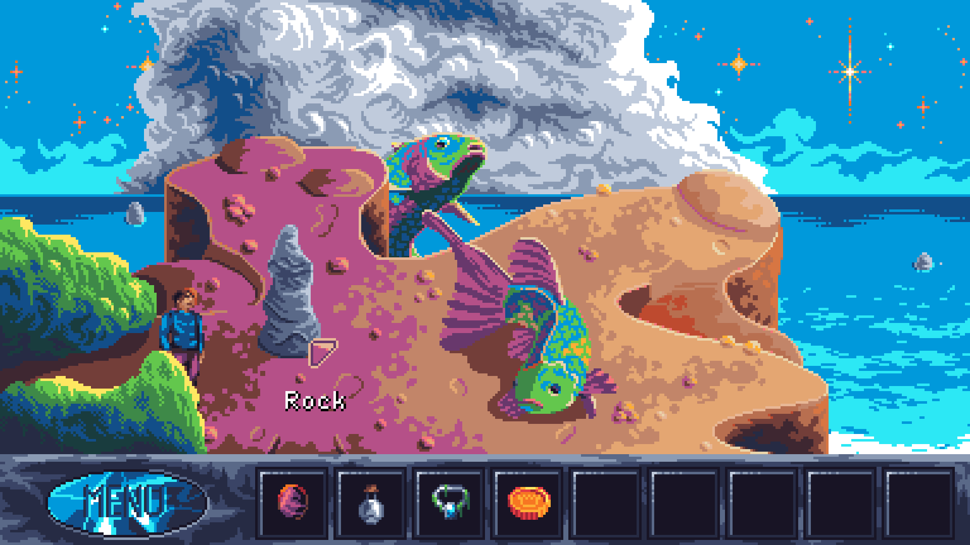 pixel art giant fish on cliff