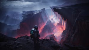 A figure in a space suit ponders a dramatic sci-fi landscape A figure in a space suit ponders a dramatic sci-fi landscape