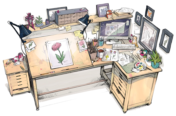2d illustration of a desk with artwork