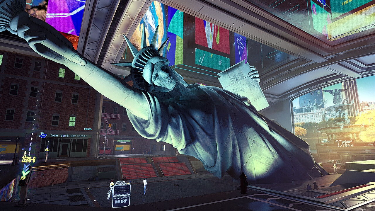 Screenshot from Hyenas featuring a neon statue of liberty Screenshot from Hyenas featuring a neon statue of liberty