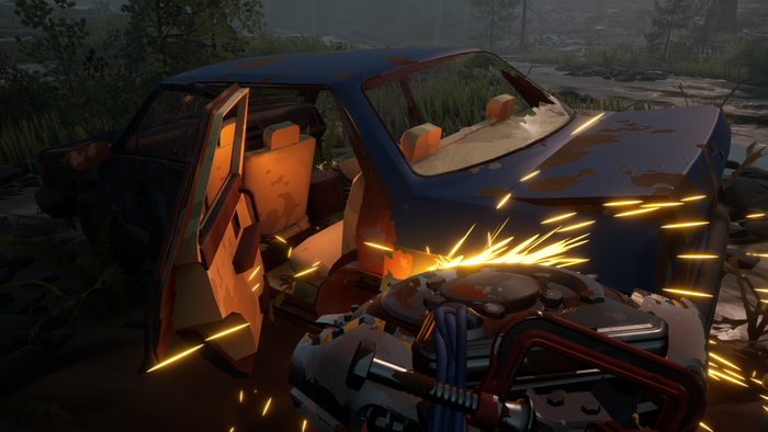 A screenshot from Pacific Drive. The player saws through a car.
