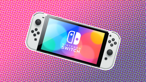 The Switch OLED on a stylized background