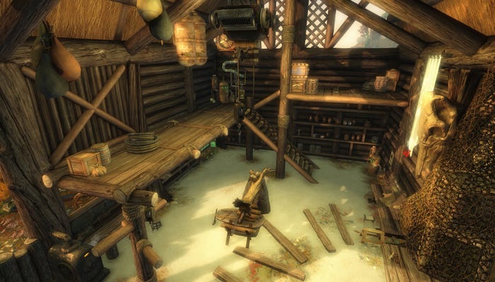 A Homestead interior in Guild Wars 2. It looks like a log cabin with various fantasy accoutrements. 