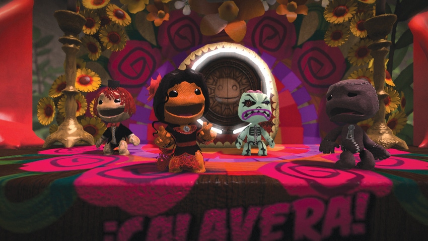 A group of Sackboy characters performing a musical number in LittleBigPlanet