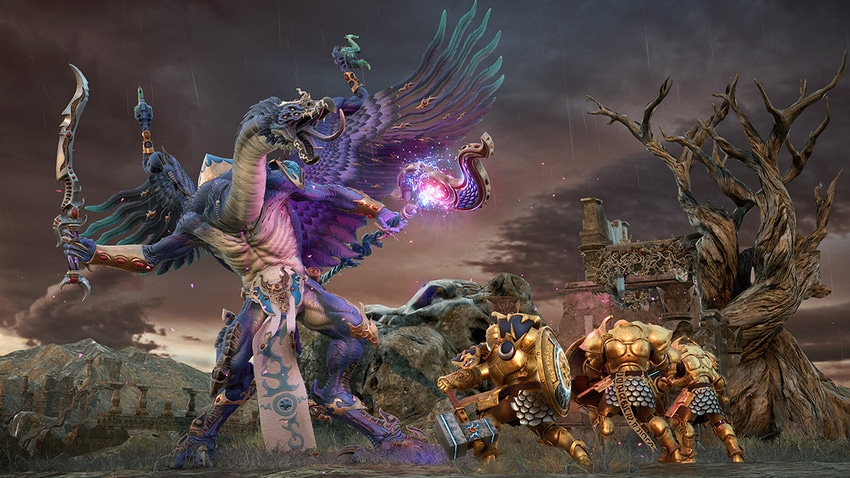 Warriors battling a hulking lizard creature in Realms of Ruin