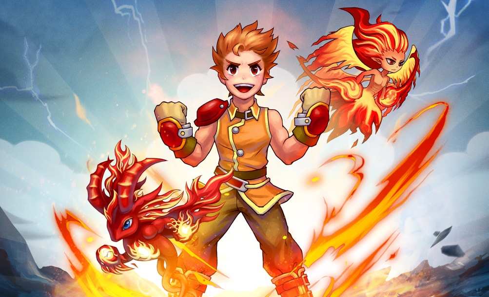 A colorful character poses with fiery friends A colorful character poses with fiery friends