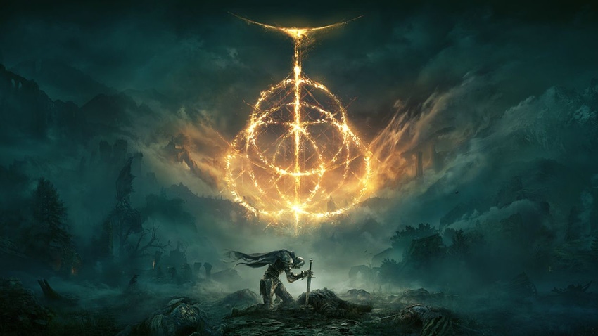 Key artwork for Elden Ring showing a tarnished character kneeling below a glowing symbol