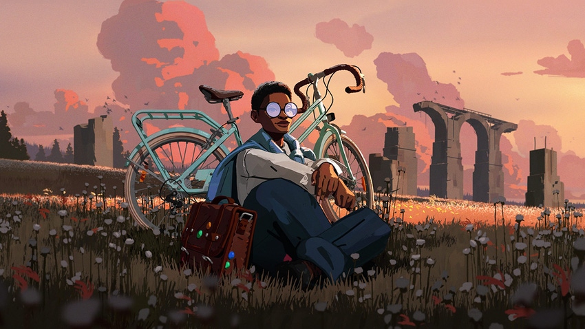 Key artwork for Seaon depicting the protagonist led against their bicycle