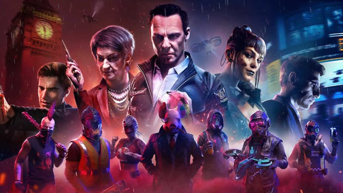 Key art for Watch Dogs: Legion showing the game's chief villains looming over the playable characters.