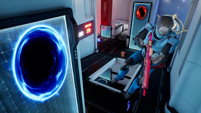 A screenshot of Splitgate. A player jumps out of a blue portal.