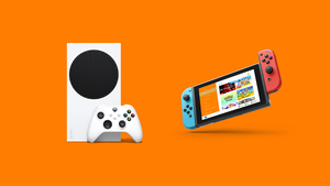 The Xbox Series S and Nintendo Switch on an orange background