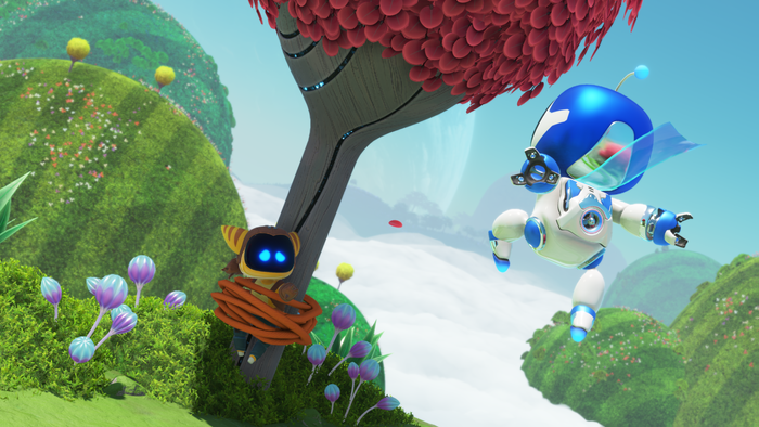 Astro Bot jumps to save a tethered bot tied to a tree.