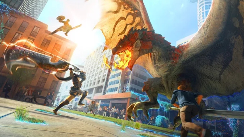 Key artwork from Monster Hunter Now showing players battling a monster