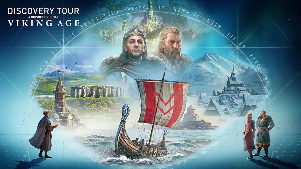 key art for viking age, showing a viking style longboat in water, a grassy area with stone structures, and vikings key art for viking age, showing a viking style longboat in water, a grassy area with stone structures, and vikings