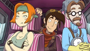 A screenshot from Deponia Doomsday showing player character Rufus and his two travelling companions. 