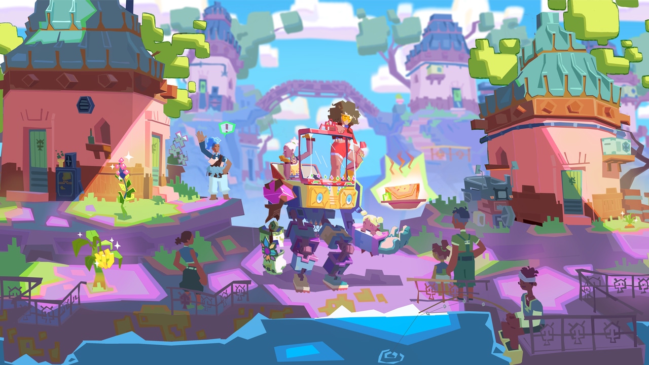 Colorful key art for Project Dose, featuring a bright world and character in a mech Colorful key art for Project Dose, featuring a bright world and character in a mech