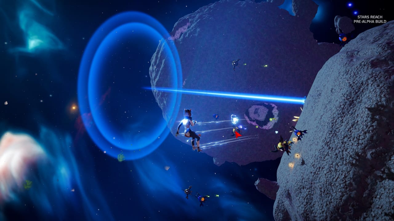 Characters floating in space before a field of asteroids and planetoids. Characters floating in space before a field of asteroids and planetoids.