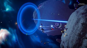 Characters floating in space before a field of asteroids and planetoids. Characters floating in space before a field of asteroids and planetoids.
