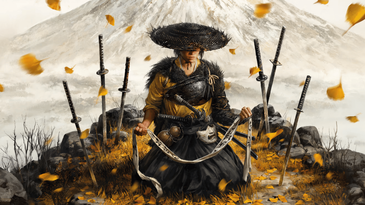 Key art of Ghost of Yotei, showing the protagonist sitting on the ground, surrounded by leaves and swords Key art of Ghost of Yotei, showing the protagonist sitting on the ground, surrounded by leaves and swords