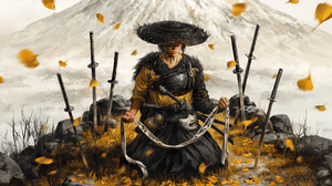 Key art of Ghost of Yotei, showing the protagonist sitting on the ground, surrounded by leaves and swords Key art of Ghost of Yotei, showing the protagonist sitting on the ground, surrounded by leaves and swords