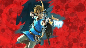 Link draws his bow while leaping in the air.