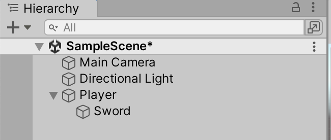 A Sword GameObject that is a child object of a Player GameObject A Sword GameObject that is a child object of a Player GameObject