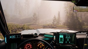 A screenshot from Pacific Drive showing off the car's sci-fi dashboard.