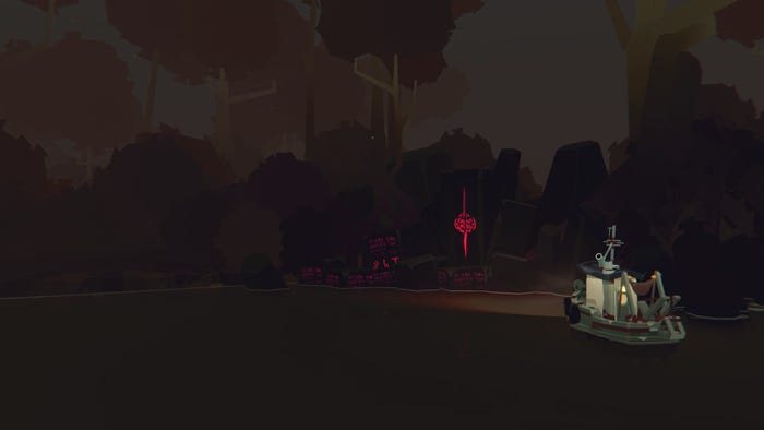 A screenshot of Dredge showing the player approaching a glowing relic at night