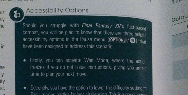 Final Fantasy XV manual page detailing accessibility options